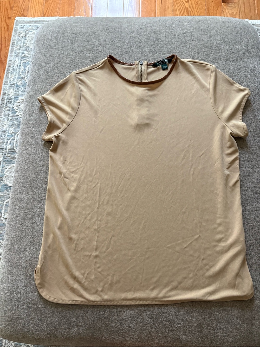 Ralph Lauren Beige Crewneck Short-Sleeve Blouse with Brown Trim